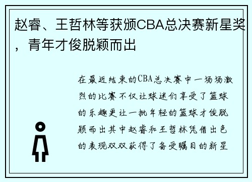 赵睿、王哲林等获颁CBA总决赛新星奖，青年才俊脱颖而出